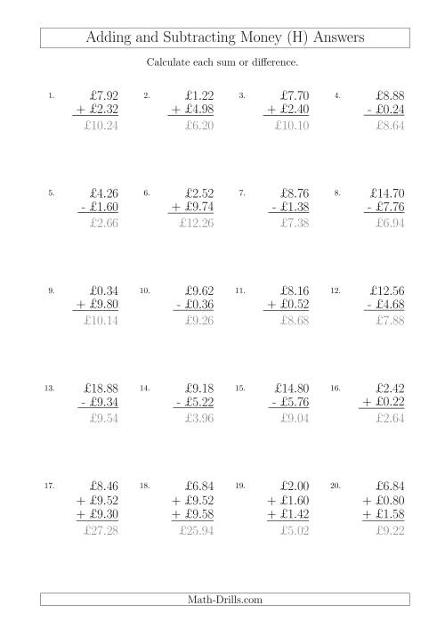 The Adding and Subtracting Pounds with Amounts up to £10 in 2 Pence Increments (H) Math Worksheet Page 2
