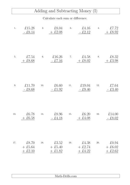 The Adding and Subtracting Pounds with Amounts up to £10 in 2 Pence Increments (I) Math Worksheet