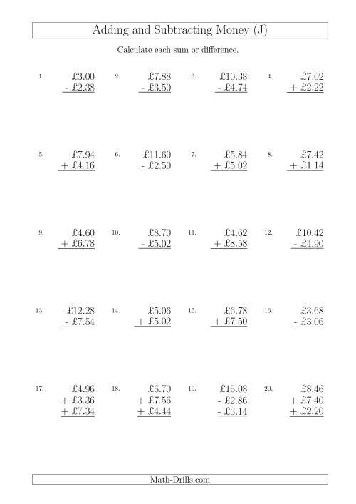 The Adding and Subtracting Pounds with Amounts up to £10 in 2 Pence Increments (J) Math Worksheet