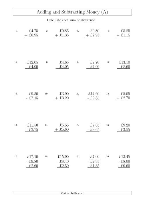 The Adding and Subtracting Pounds with Amounts up to £10 in 5 Pence Increments (A) Math Worksheet