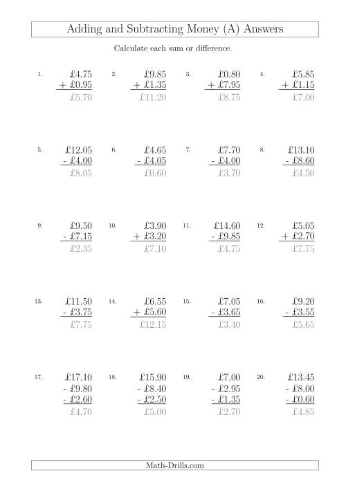 The Adding and Subtracting Pounds with Amounts up to £10 in 5 Pence Increments (A) Math Worksheet Page 2