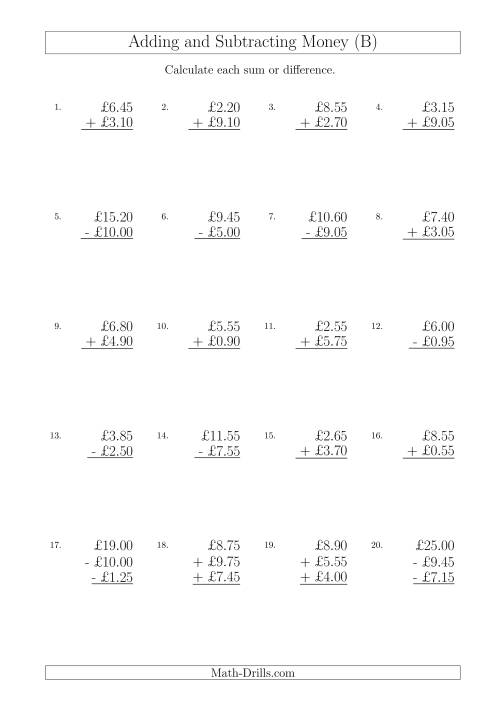 The Adding and Subtracting Pounds with Amounts up to £10 in 5 Pence Increments (B) Math Worksheet