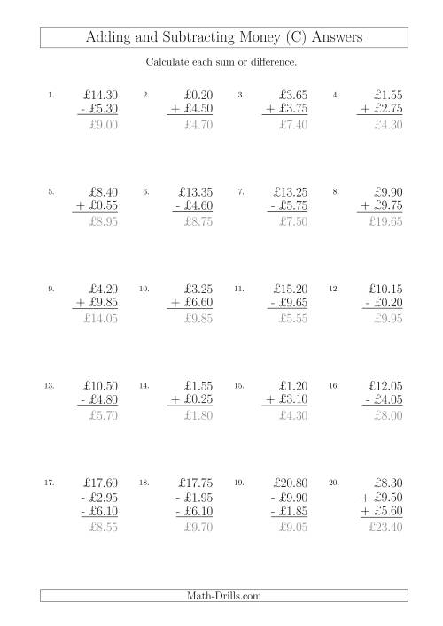 The Adding and Subtracting Pounds with Amounts up to £10 in 5 Pence Increments (C) Math Worksheet Page 2