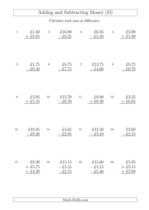 The Adding and Subtracting Pounds with Amounts up to £10 in 5 Pence Increments (D) Math Worksheet