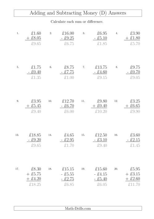 The Adding and Subtracting Pounds with Amounts up to £10 in 5 Pence Increments (D) Math Worksheet Page 2