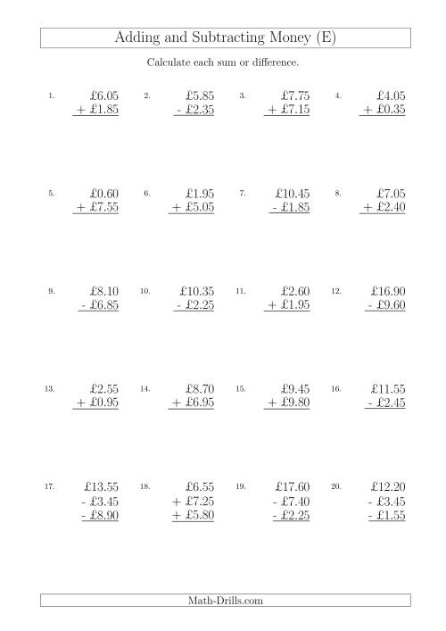 The Adding and Subtracting Pounds with Amounts up to £10 in 5 Pence Increments (E) Math Worksheet