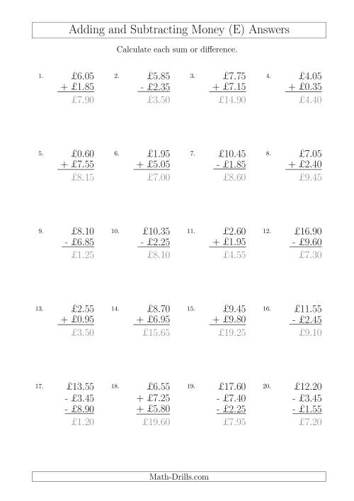The Adding and Subtracting Pounds with Amounts up to £10 in 5 Pence Increments (E) Math Worksheet Page 2