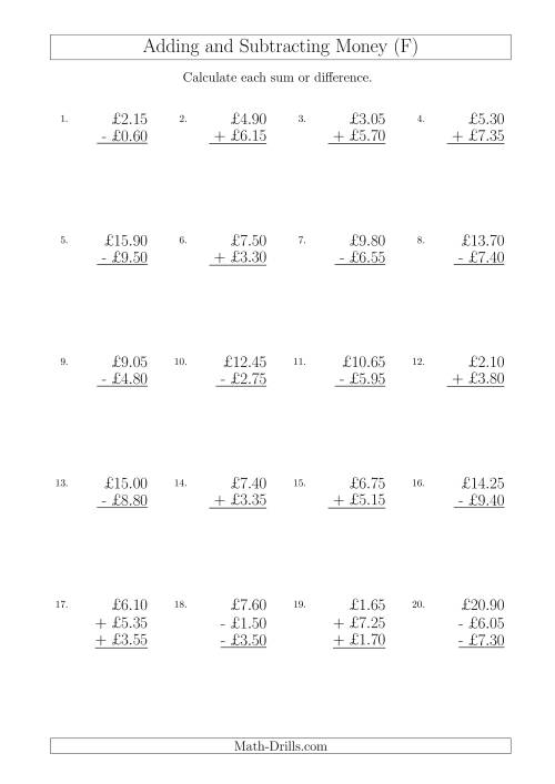 The Adding and Subtracting Pounds with Amounts up to £10 in 5 Pence Increments (F) Math Worksheet