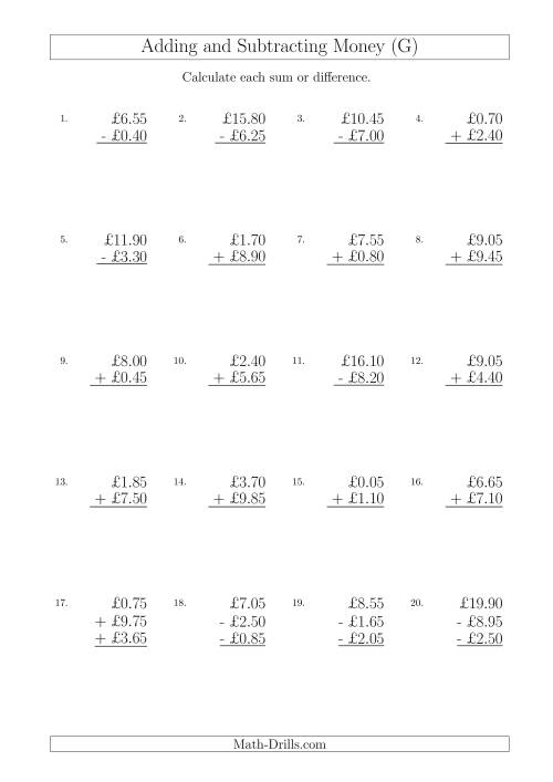 The Adding and Subtracting Pounds with Amounts up to £10 in 5 Pence Increments (G) Math Worksheet