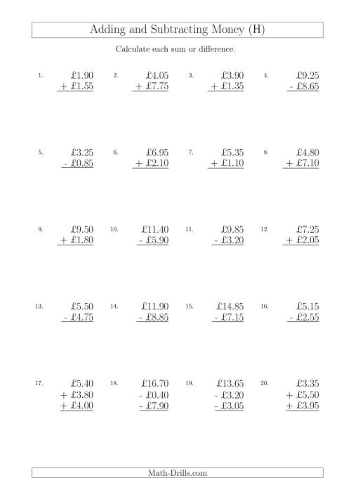 The Adding and Subtracting Pounds with Amounts up to £10 in 5 Pence Increments (H) Math Worksheet