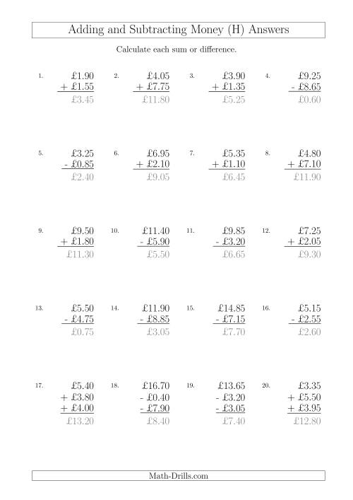 The Adding and Subtracting Pounds with Amounts up to £10 in 5 Pence Increments (H) Math Worksheet Page 2