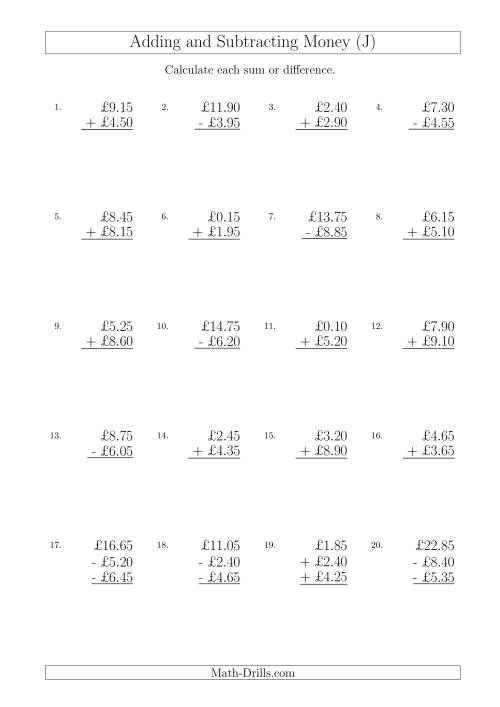 The Adding and Subtracting Pounds with Amounts up to £10 in 5 Pence Increments (J) Math Worksheet