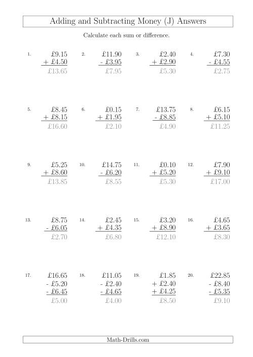 The Adding and Subtracting Pounds with Amounts up to £10 in 5 Pence Increments (J) Math Worksheet Page 2