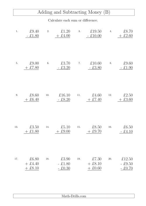 The Adding and Subtracting Pounds with Amounts up to £10 in 10 Pence Increments (B) Math Worksheet