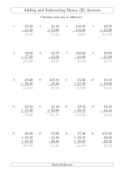 The Adding and Subtracting Pounds with Amounts up to £10 in 10 Pence Increments (B) Math Worksheet Page 2