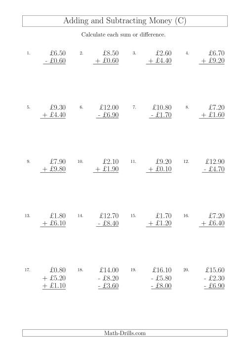 The Adding and Subtracting Pounds with Amounts up to £10 in 10 Pence Increments (C) Math Worksheet