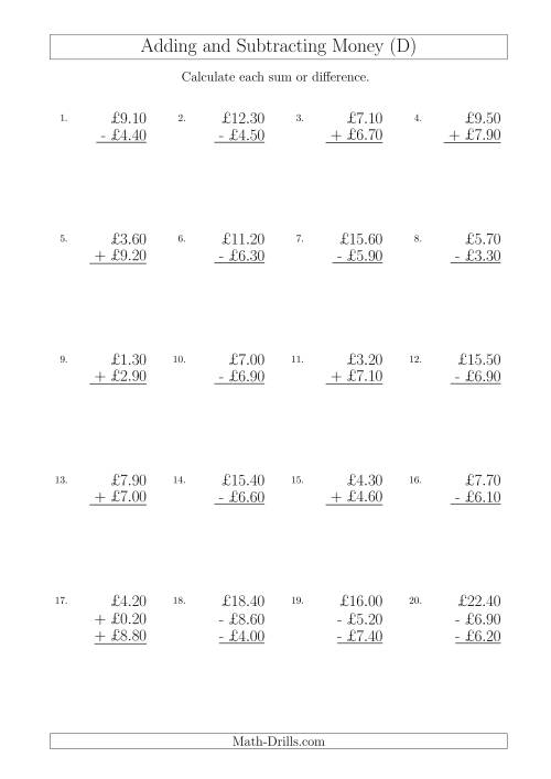 The Adding and Subtracting Pounds with Amounts up to £10 in 10 Pence Increments (D) Math Worksheet