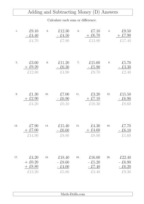 The Adding and Subtracting Pounds with Amounts up to £10 in 10 Pence Increments (D) Math Worksheet Page 2