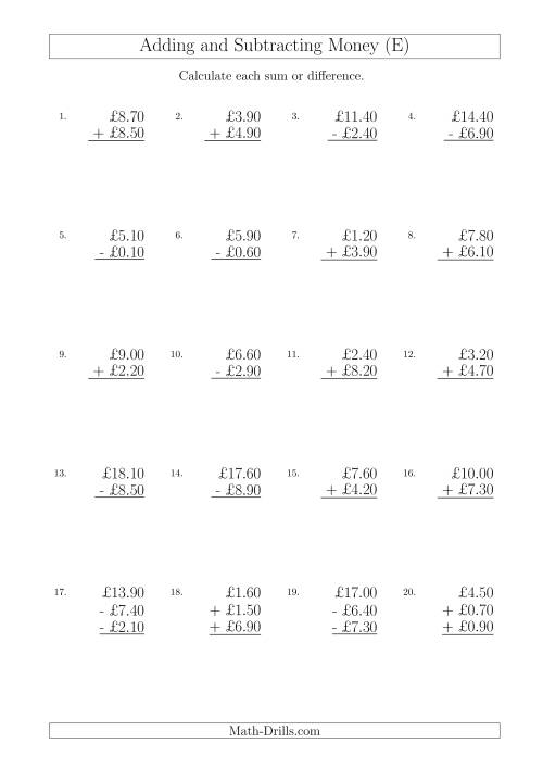 The Adding and Subtracting Pounds with Amounts up to £10 in 10 Pence Increments (E) Math Worksheet