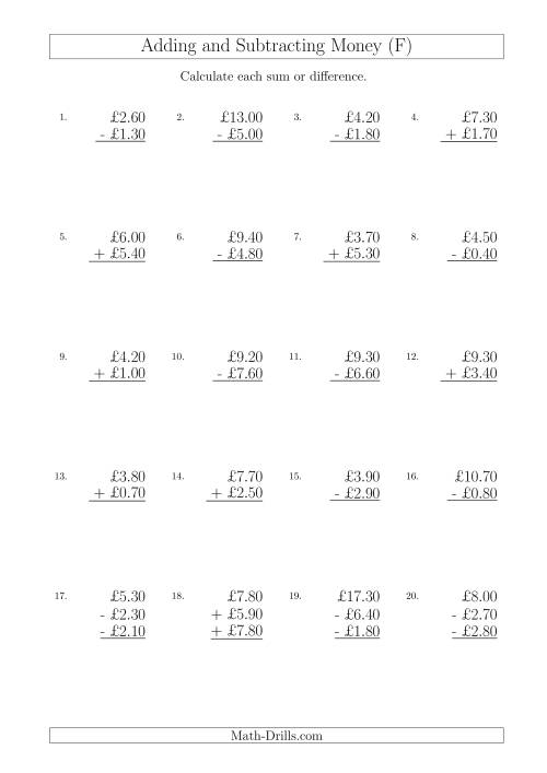 The Adding and Subtracting Pounds with Amounts up to £10 in 10 Pence Increments (F) Math Worksheet