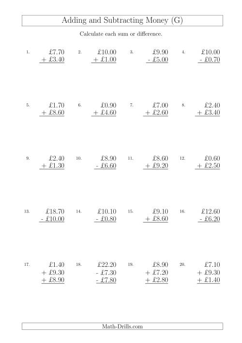 The Adding and Subtracting Pounds with Amounts up to £10 in 10 Pence Increments (G) Math Worksheet