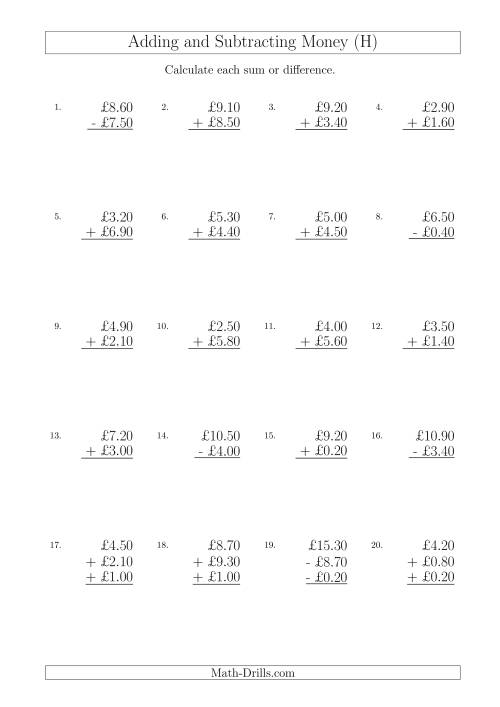 The Adding and Subtracting Pounds with Amounts up to £10 in 10 Pence Increments (H) Math Worksheet
