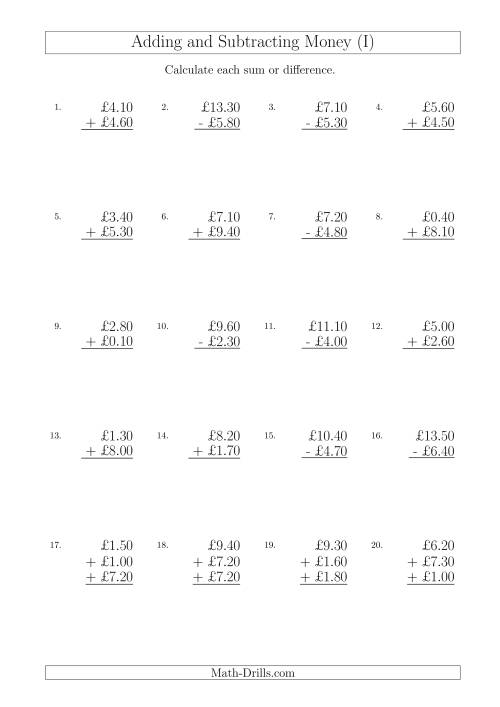 The Adding and Subtracting Pounds with Amounts up to £10 in 10 Pence Increments (I) Math Worksheet
