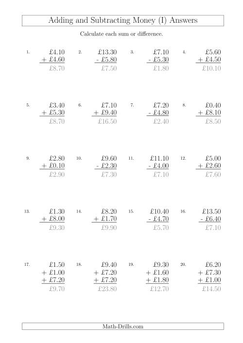 The Adding and Subtracting Pounds with Amounts up to £10 in 10 Pence Increments (I) Math Worksheet Page 2