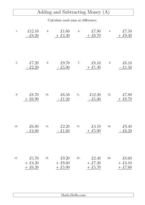 The Adding and Subtracting Pounds with Amounts up to £10 in 10 Pence Increments (All) Math Worksheet