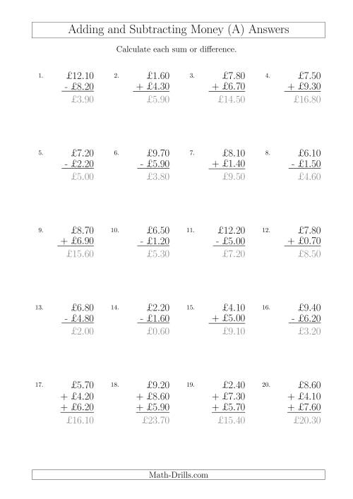 The Adding and Subtracting Pounds with Amounts up to £10 in 10 Pence Increments (All) Math Worksheet Page 2