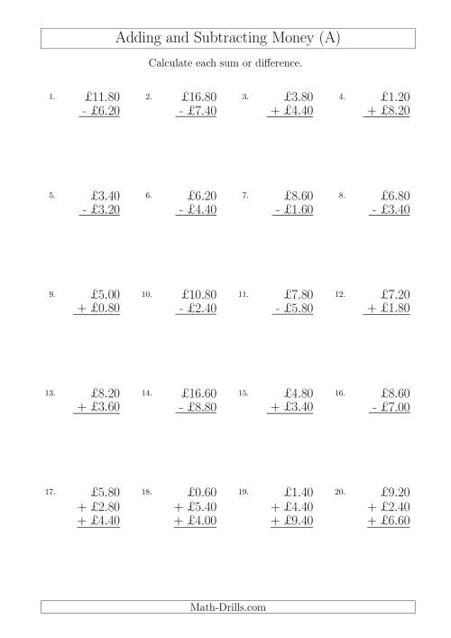 The Adding and Subtracting Pounds with Amounts up to £10 in 20 Pence Increments (A) Math Worksheet