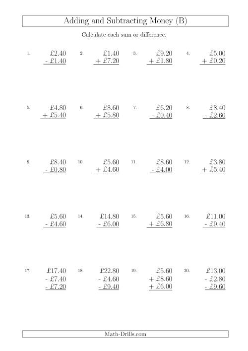 The Adding and Subtracting Pounds with Amounts up to £10 in 20 Pence Increments (B) Math Worksheet