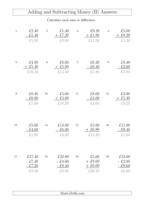The Adding and Subtracting Pounds with Amounts up to £10 in 20 Pence Increments (B) Math Worksheet Page 2