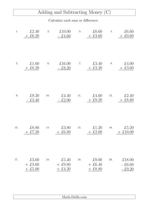The Adding and Subtracting Pounds with Amounts up to £10 in 20 Pence Increments (C) Math Worksheet