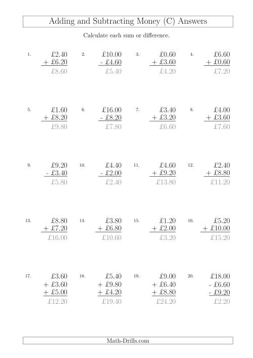 The Adding and Subtracting Pounds with Amounts up to £10 in 20 Pence Increments (C) Math Worksheet Page 2