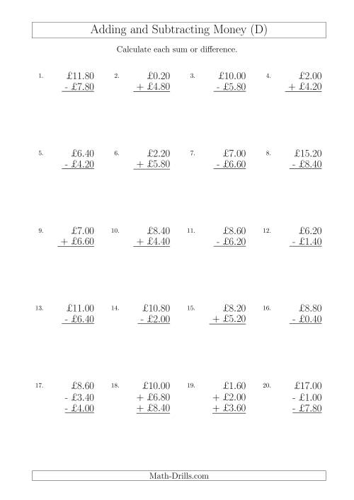 The Adding and Subtracting Pounds with Amounts up to £10 in 20 Pence Increments (D) Math Worksheet