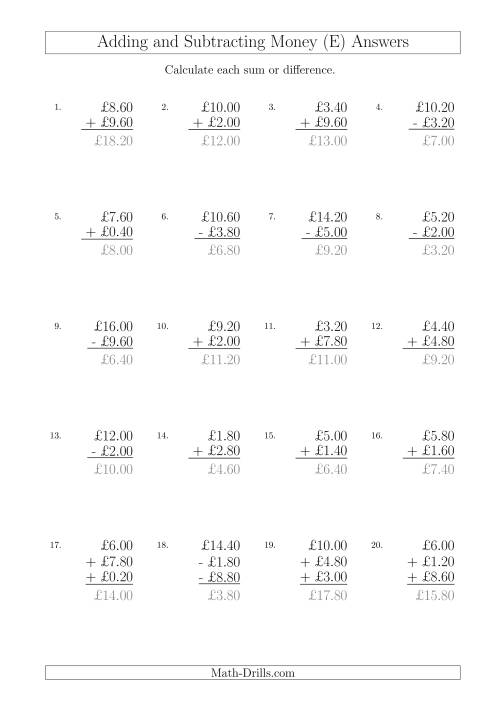 The Adding and Subtracting Pounds with Amounts up to £10 in 20 Pence Increments (E) Math Worksheet Page 2