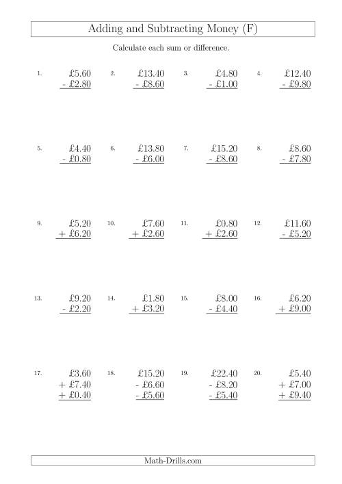 The Adding and Subtracting Pounds with Amounts up to £10 in 20 Pence Increments (F) Math Worksheet