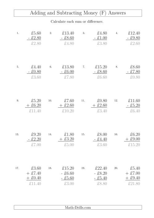 The Adding and Subtracting Pounds with Amounts up to £10 in 20 Pence Increments (F) Math Worksheet Page 2
