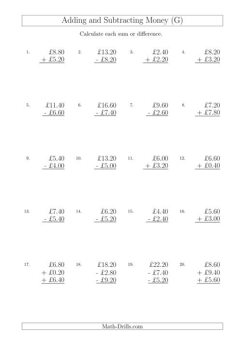 The Adding and Subtracting Pounds with Amounts up to £10 in 20 Pence Increments (G) Math Worksheet