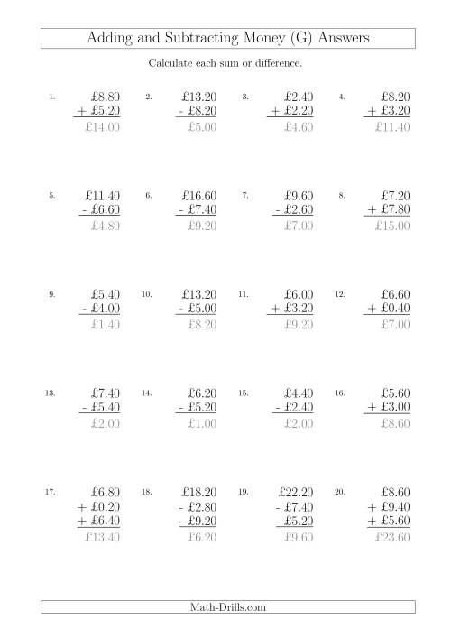 The Adding and Subtracting Pounds with Amounts up to £10 in 20 Pence Increments (G) Math Worksheet Page 2