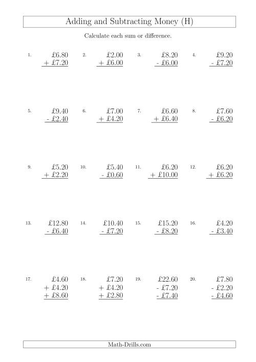 The Adding and Subtracting Pounds with Amounts up to £10 in 20 Pence Increments (H) Math Worksheet