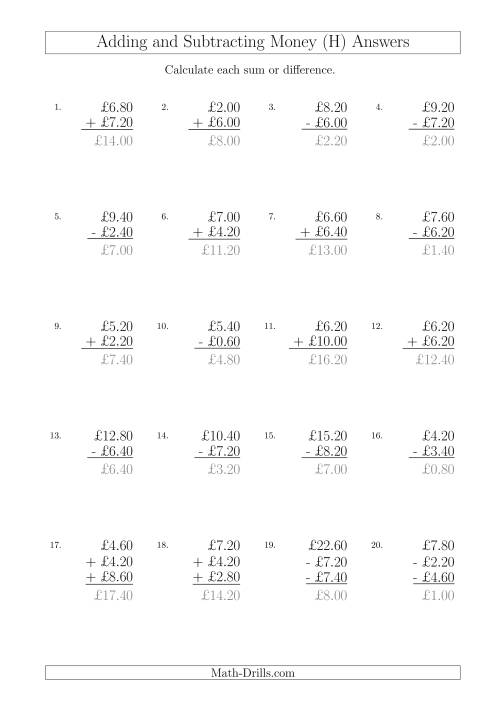 The Adding and Subtracting Pounds with Amounts up to £10 in 20 Pence Increments (H) Math Worksheet Page 2