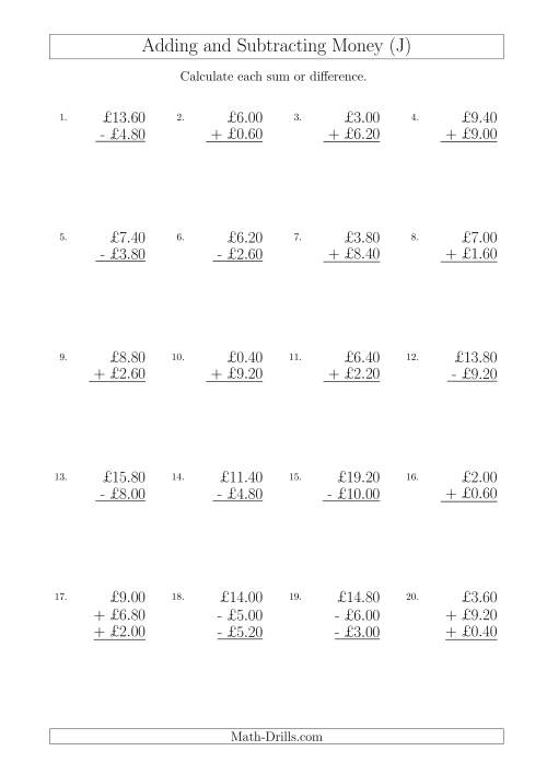 The Adding and Subtracting Pounds with Amounts up to £10 in 20 Pence Increments (J) Math Worksheet