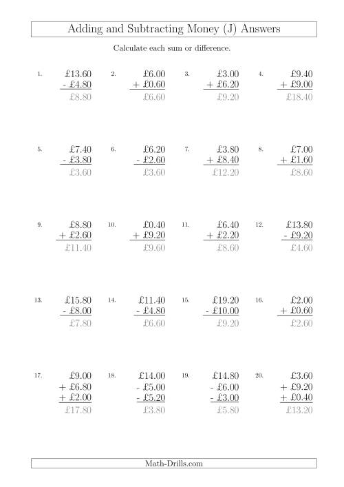The Adding and Subtracting Pounds with Amounts up to £10 in 20 Pence Increments (J) Math Worksheet Page 2
