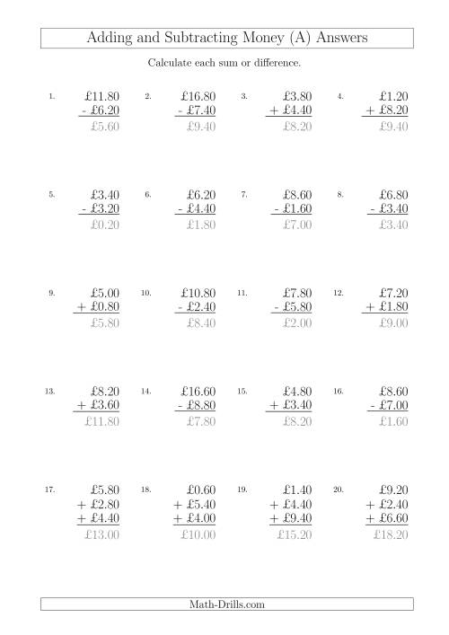 The Adding and Subtracting Pounds with Amounts up to £10 in 20 Pence Increments (All) Math Worksheet Page 2