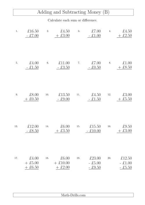 The Adding and Subtracting Pounds with Amounts up to £10 in 50 Pence Increments (B) Math Worksheet