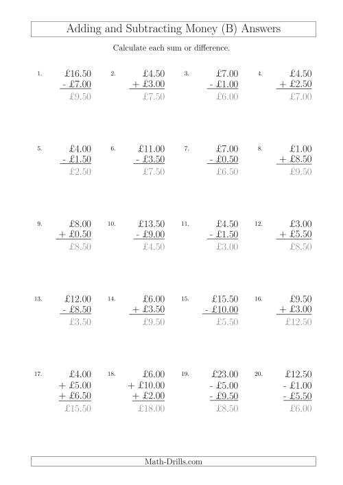 The Adding and Subtracting Pounds with Amounts up to £10 in 50 Pence Increments (B) Math Worksheet Page 2
