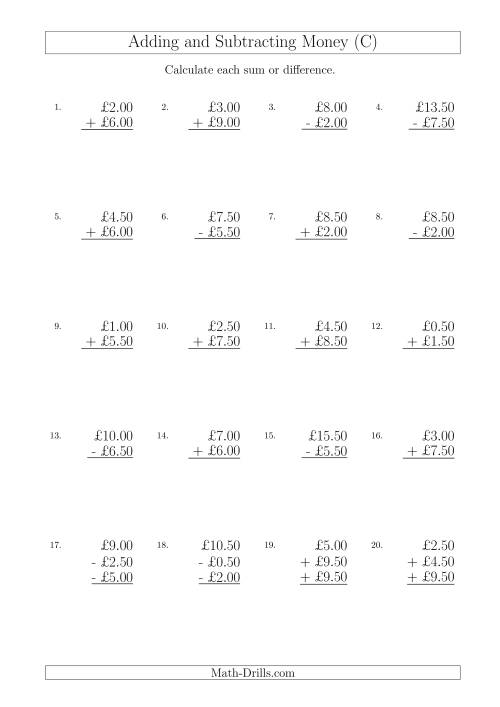The Adding and Subtracting Pounds with Amounts up to £10 in 50 Pence Increments (C) Math Worksheet
