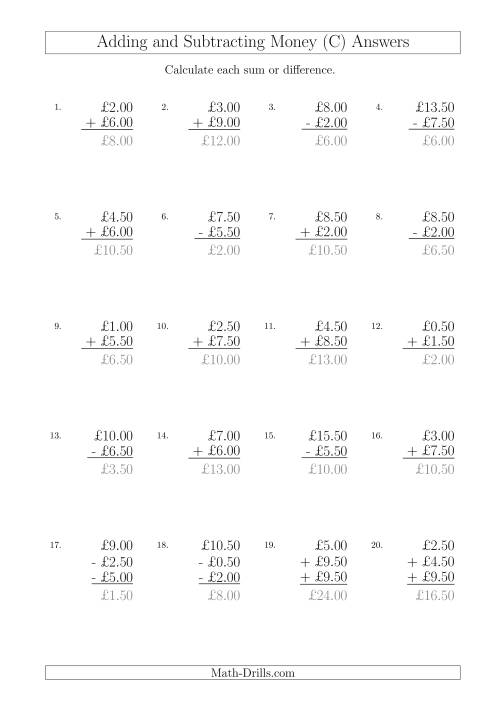 The Adding and Subtracting Pounds with Amounts up to £10 in 50 Pence Increments (C) Math Worksheet Page 2